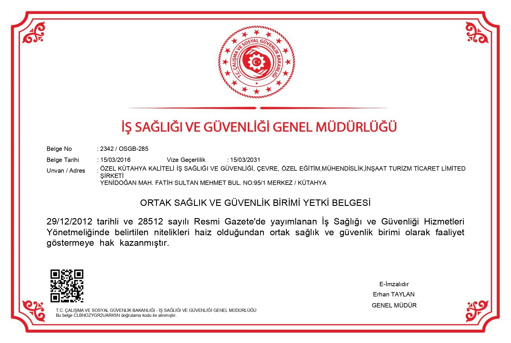 OSGB Yetki Belgesi